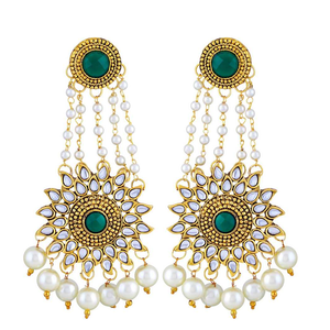 Dazzling White And Green Kundan Gold Plated Dangle Earring