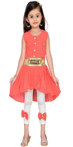 Girls Midi/Knee Length Party Dress  (Orange, Sleeveless)