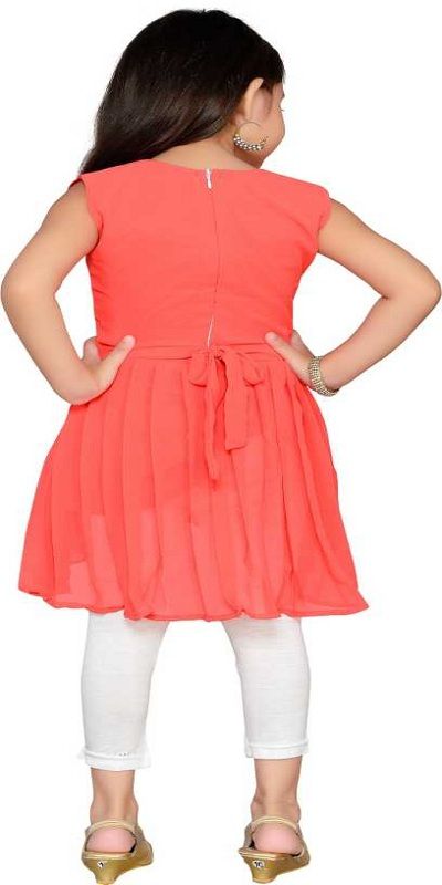 Girls Midi/Knee Length Party Dress  (Orange, Sleeveless)