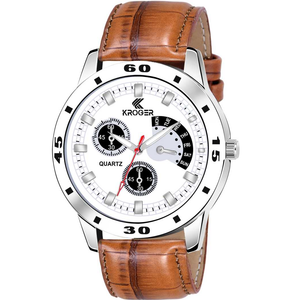 KRG1177 Latest Analogue White Dial Brown Leather Analog Watch - For Men