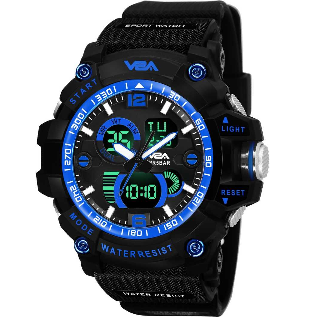 Analog And Digital Led 50M Waterproof Military Black-Blue Date Display Sports Analog-Digital Watch - For Men